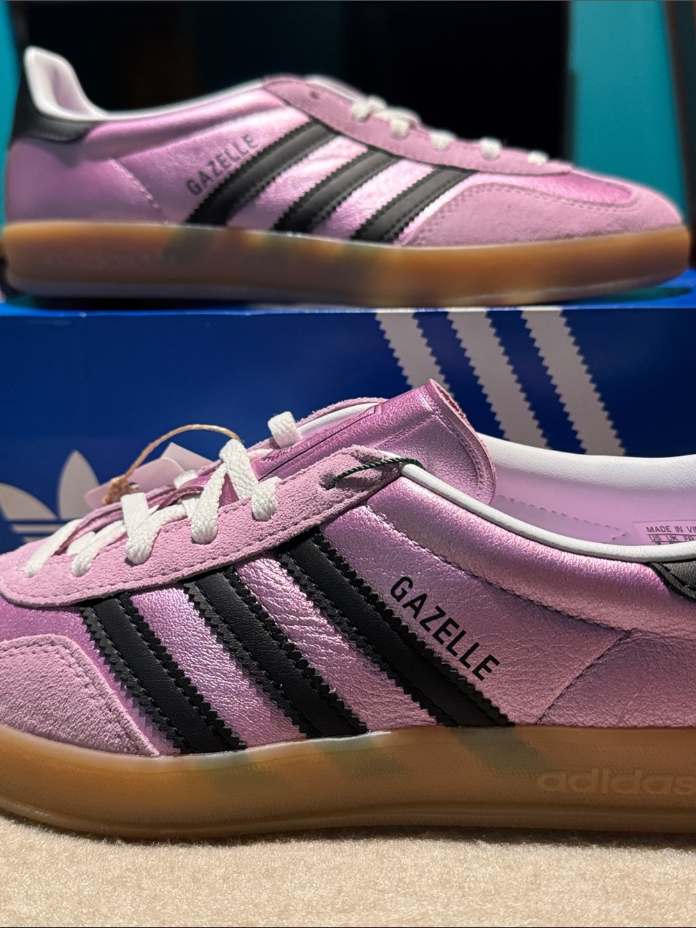 adidas Gazelle Women's Bliss Lilac Black Metallic Leather Sneakers US 7 Indoor